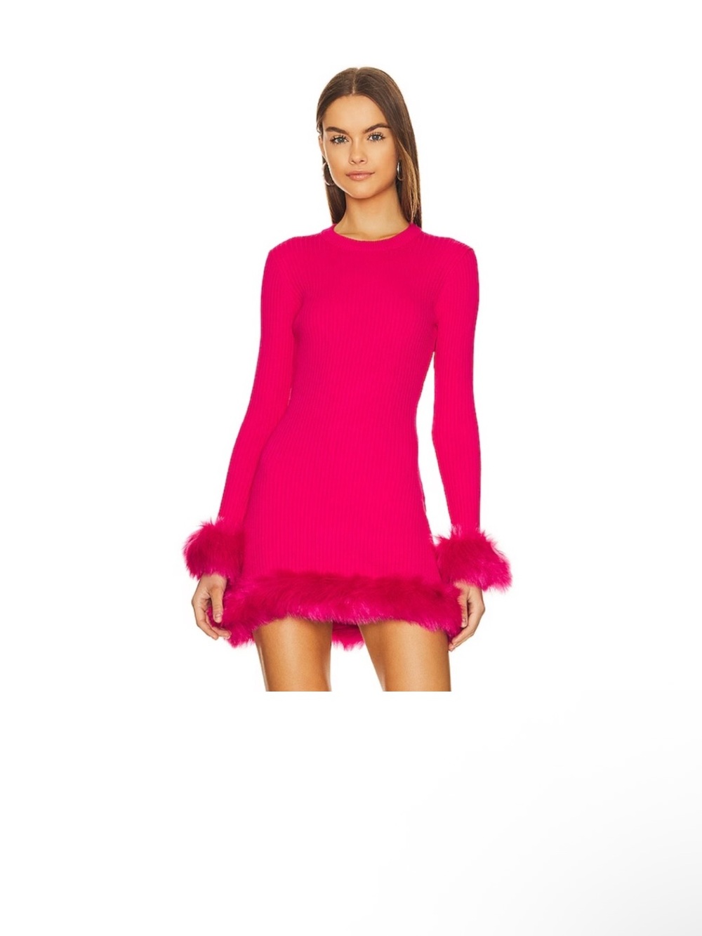 Show Me Your MuMu Hot Pink Long-Sleeve Feather-Trim Mini Dress